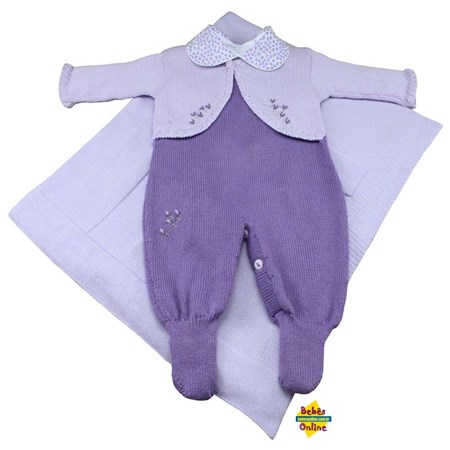 Saída de Maternidade macação bolero em tricot com body golinha floral - 3 itens